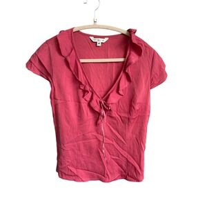 Y2K Liquid Silk Ruffle V-Neck Blouse Pink Romantic Cap Sleeve Top M